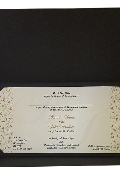 Load image into Gallery viewer, Black and Gold floral Band wedding invitation ABC 705
