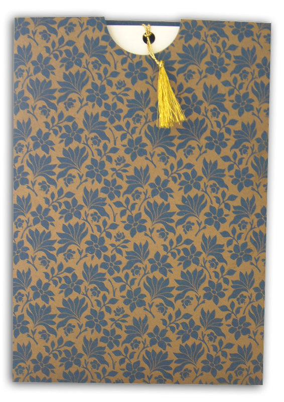 ABC 431 pocket jacket sleeve invitation in navy blue with gold floral print
