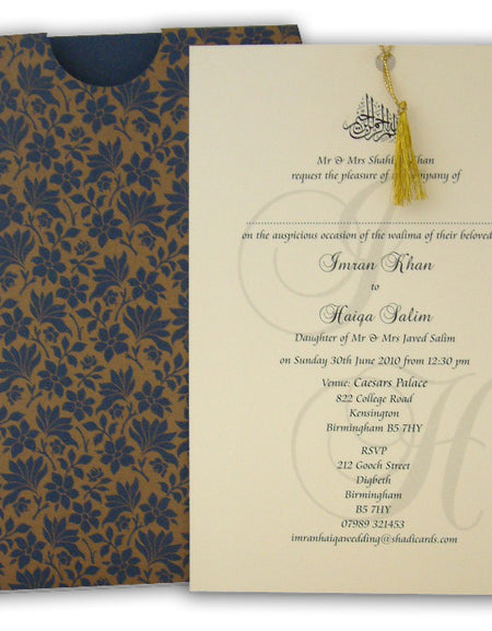 ABC 431 pocket jacket sleeve invitation in navy blue with gold floral print
