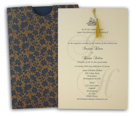 ABC 431 pocket jacket sleeve invitation in navy blue with gold floral print