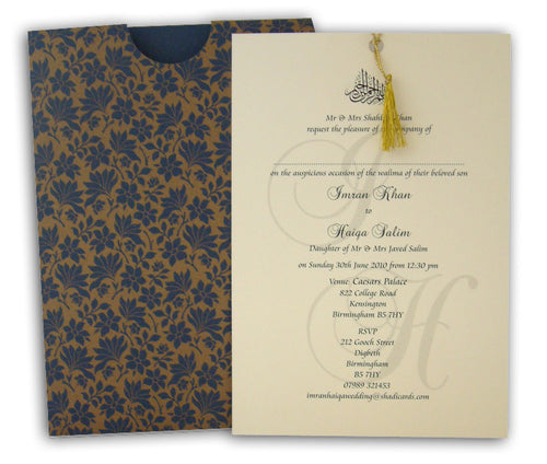 Load image into Gallery viewer, ABC 431 pocket jacket sleeve invitation in navy blue with gold floral print
