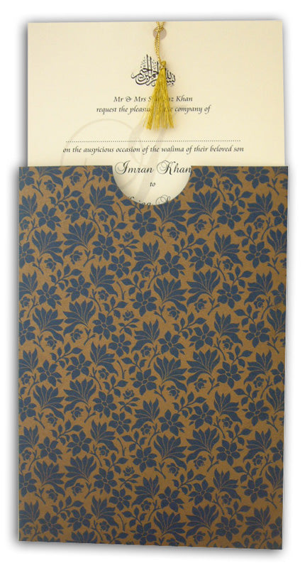 ABC 431 pocket jacket sleeve invitation in navy blue with gold floral print