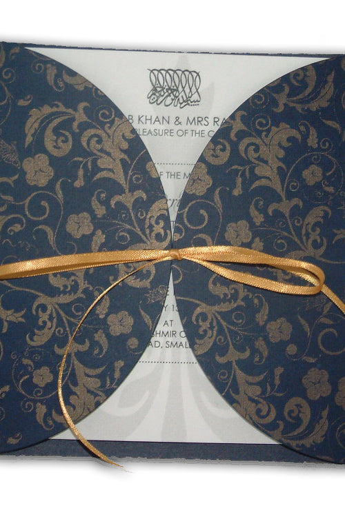 Load image into Gallery viewer, MCC Blue gold ornamental filigree gatefold ribbon invitation
