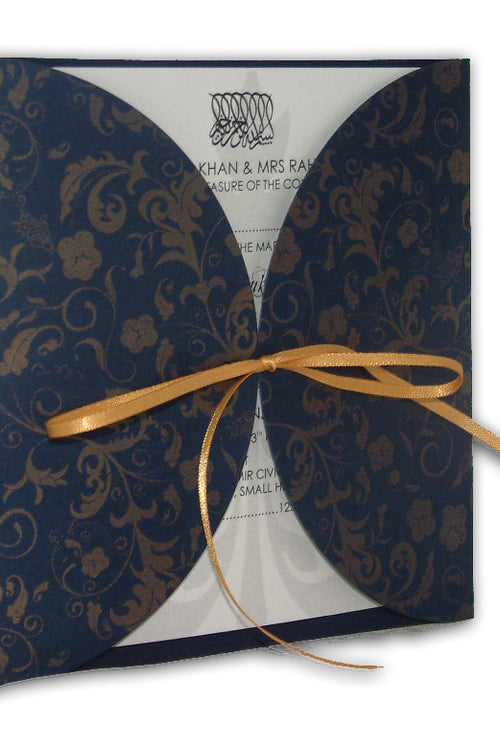 Load image into Gallery viewer, MCC Blue gold ornamental filigree gatefold ribbon invitation
