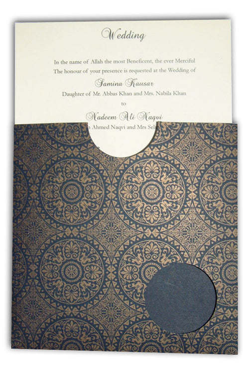 Load image into Gallery viewer, Moroccan tiles Square blue and gold pocket Invitation ABC 401
