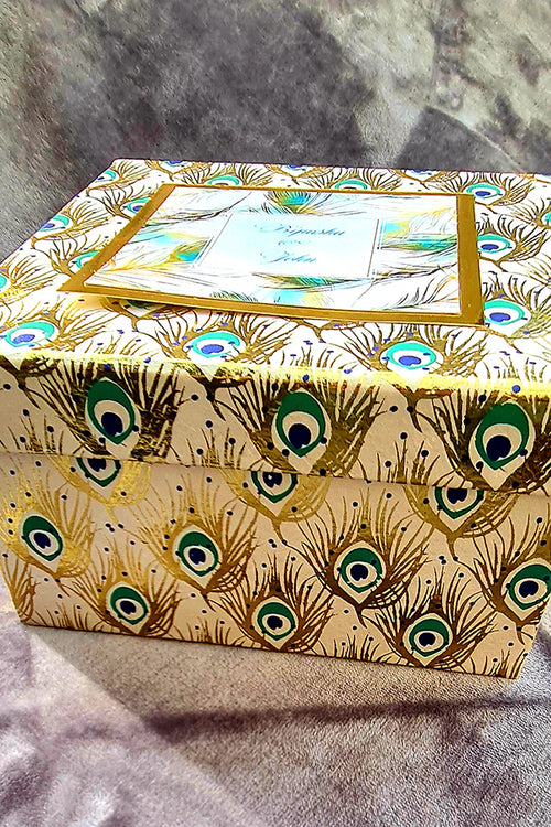 Load image into Gallery viewer, Personalised Peacock  print Box Invitation with space for Sweets &amp; Mithai 1401
