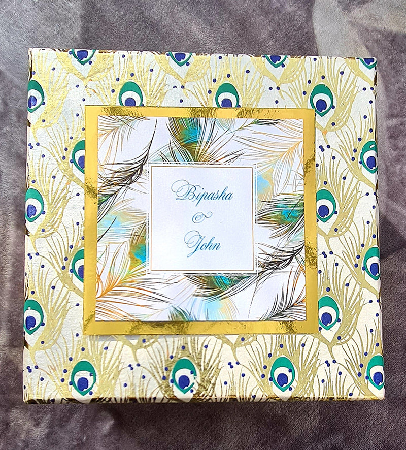 Personalised Peacock  print Box Invitation with space for Sweets & Mithai 1401