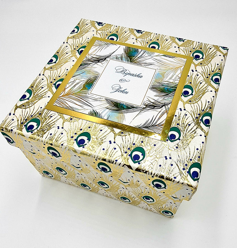 Personalised Peacock  print Box Invitation with space for Sweets & Mithai 1401