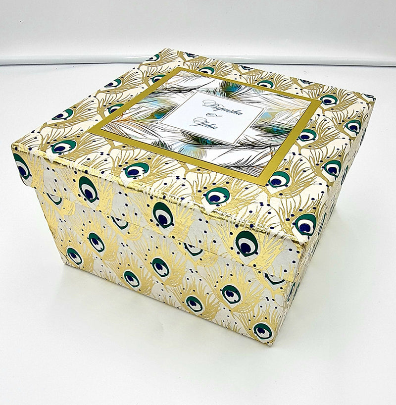 Personalised Peacock  print Box Invitation with space for Sweets & Mithai 1401
