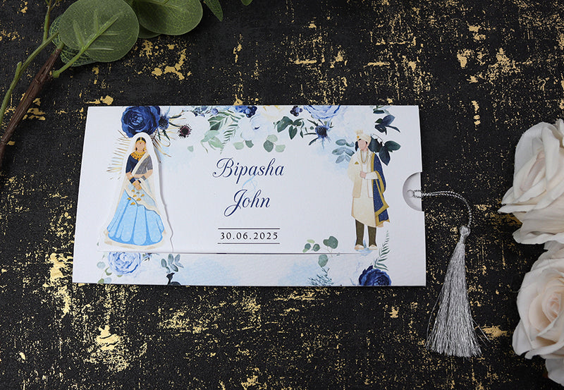 ABC 1191 Sliding Bride & Groom Blue Floral Invitation