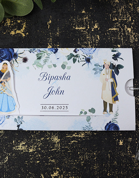 ABC 1191 Sliding Bride & Groom Blue Floral Invitation