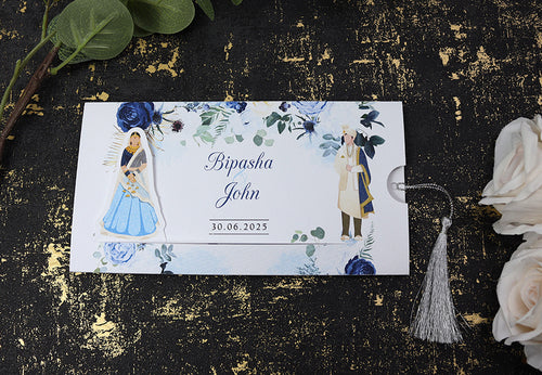 Load image into Gallery viewer, ABC 1191 Sliding Bride &amp; Groom Blue Floral Invitation
