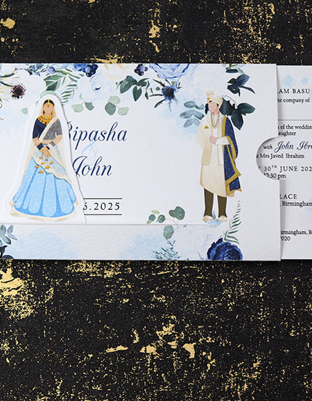 ABC 1191 Sliding Bride & Groom Blue Floral Invitation