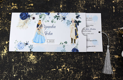 Load image into Gallery viewer, ABC 1191 Sliding Bride &amp; Groom Blue Floral Invitation
