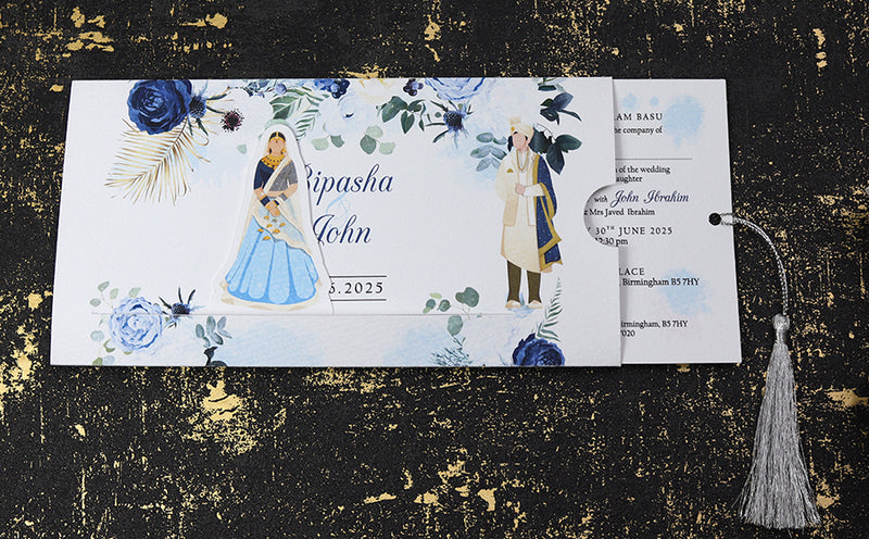 ABC 1191 Sliding Bride & Groom Blue Floral Invitation