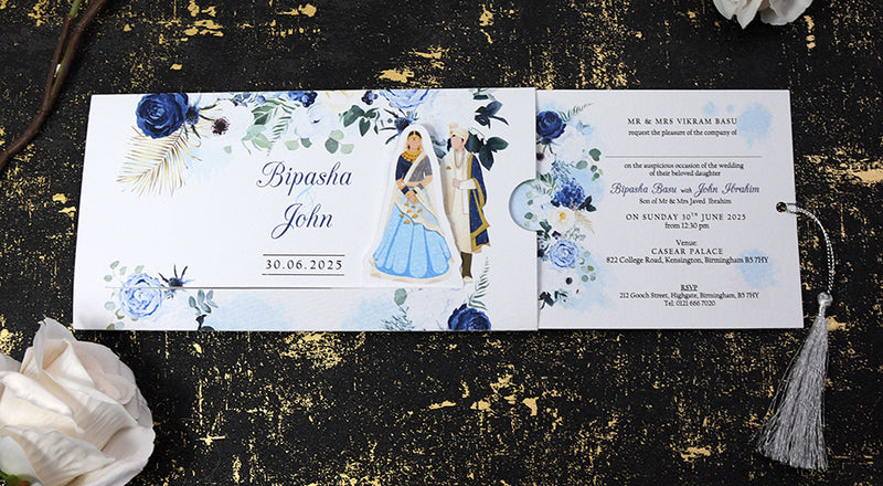 ABC 1191 Sliding Bride & Groom Blue Floral Invitation