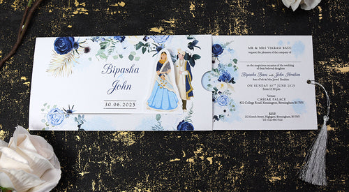 Load image into Gallery viewer, ABC 1191 Sliding Bride &amp; Groom Blue Floral Invitation
