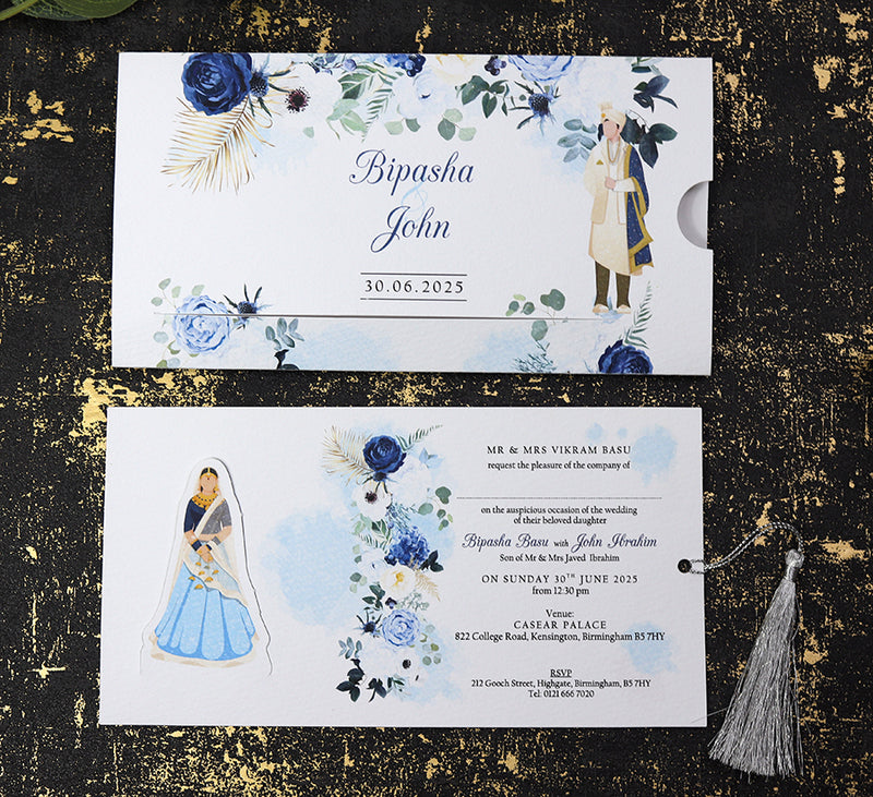 ABC 1191 Sliding Bride & Groom Blue Floral Invitation