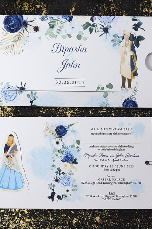 Load image into Gallery viewer, ABC 1191 Sliding Bride &amp; Groom Blue Floral Invitation
