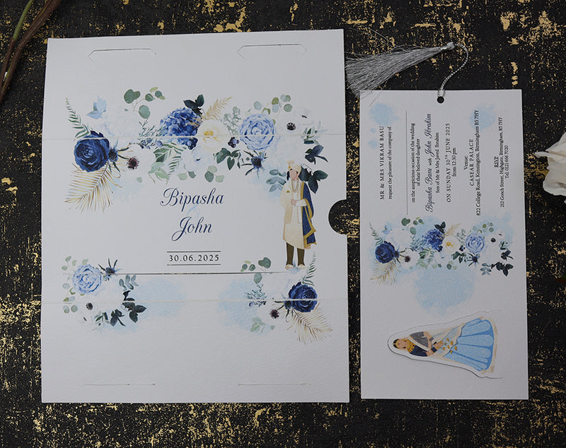 ABC 1191 Sliding Bride & Groom Blue Floral Invitation