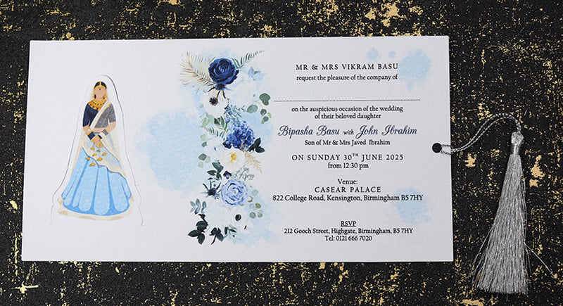 ABC 1191 Sliding Bride & Groom Blue Floral Invitation