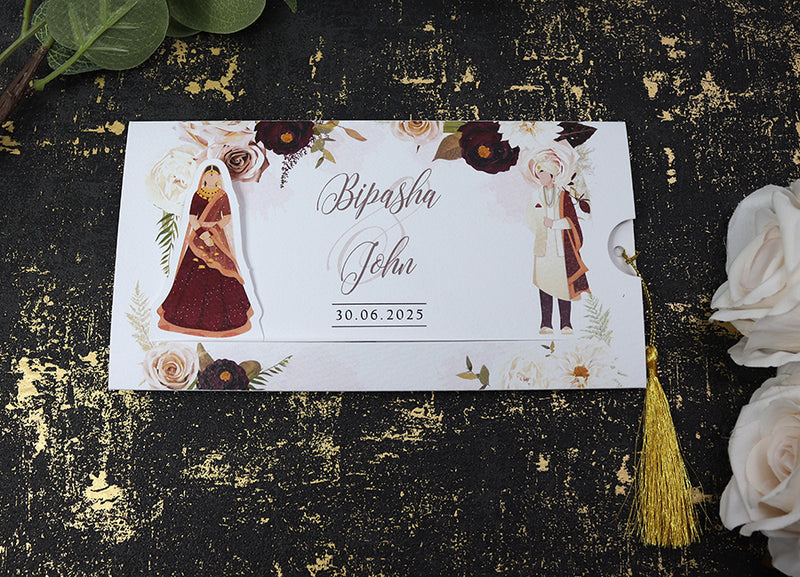 ABC 1192 Sliding Bride & Groom Maroon Floral Invitation