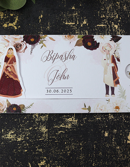 ABC 1192 Sliding Bride & Groom Maroon Floral Invitation