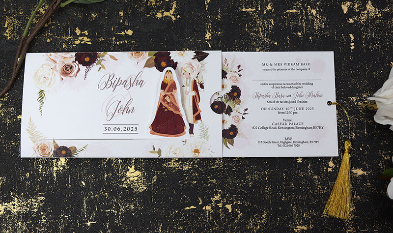 ABC 1192 Sliding Bride & Groom Maroon Floral Invitation