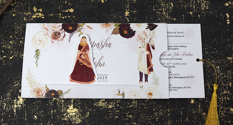 ABC 1192 Sliding Bride & Groom Maroon Floral Invitation