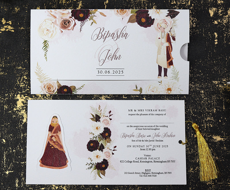 ABC 1192 Sliding Bride & Groom Maroon Floral Invitation