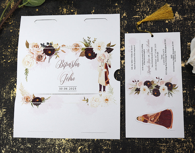 ABC 1192 Sliding Bride & Groom Maroon Floral Invitation