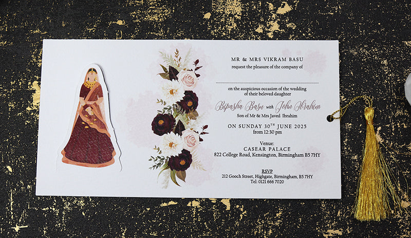 ABC 1192 Sliding Bride & Groom Maroon Floral Invitation