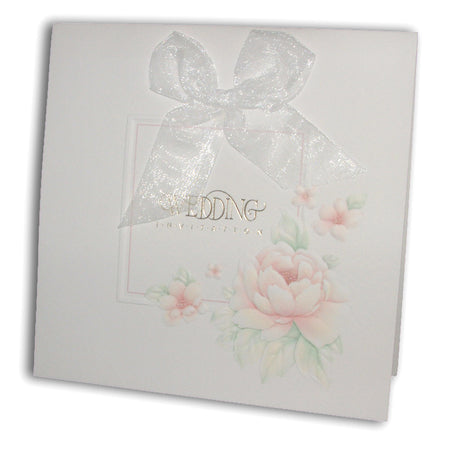 Folded wedding invitation BW16 displayed with sheer white bow at the top