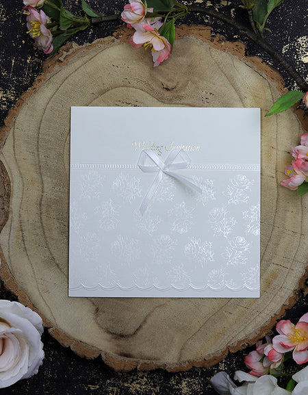 BW19 Clearance Ecru Square Wedding Invitation – Elegant Pearl Foiled Floral Design with White Satin Bow from rosemood.com