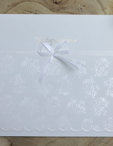 BW19 Clearance Ecru Square Wedding Invitation Card – Elegant Pearl Foiled Floral Design with White Satin Bow