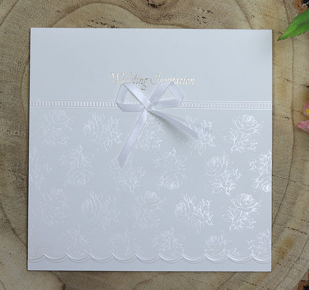 BW19 Clearance Ecru Square Wedding Invitation Card – Elegant Pearl Foiled Floral Design with White Satin Bow