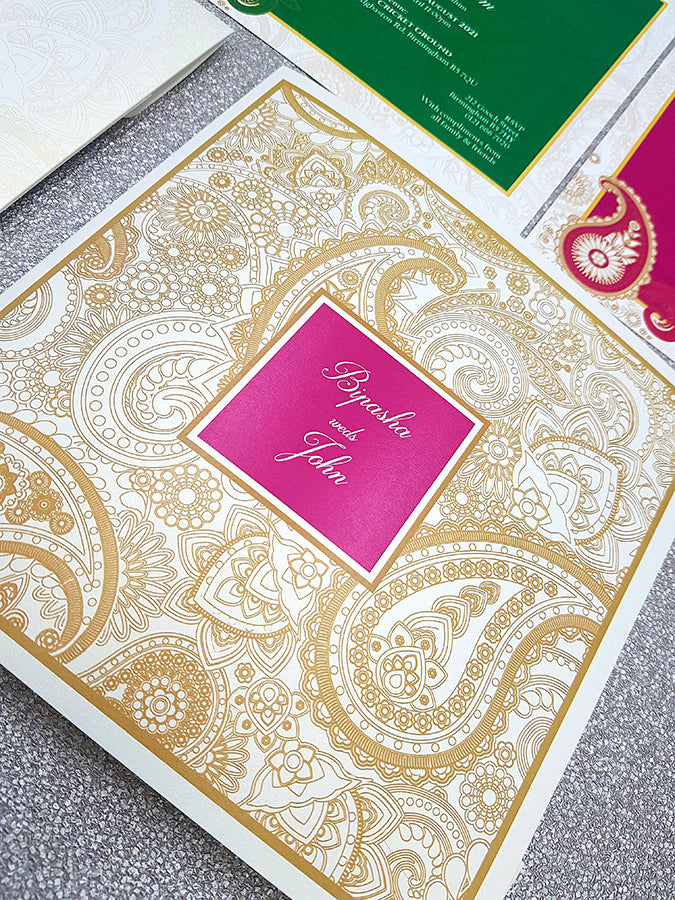 Detailed Paisley Design Large Square Asian Wedding Invitation with matching envelope CLS 111