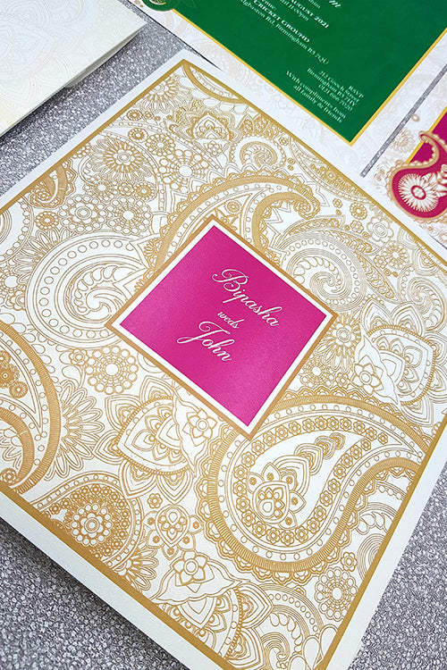 Load image into Gallery viewer, Detailed Paisley Design Large Square Asian Wedding Invitation with matching envelope CLS 111
