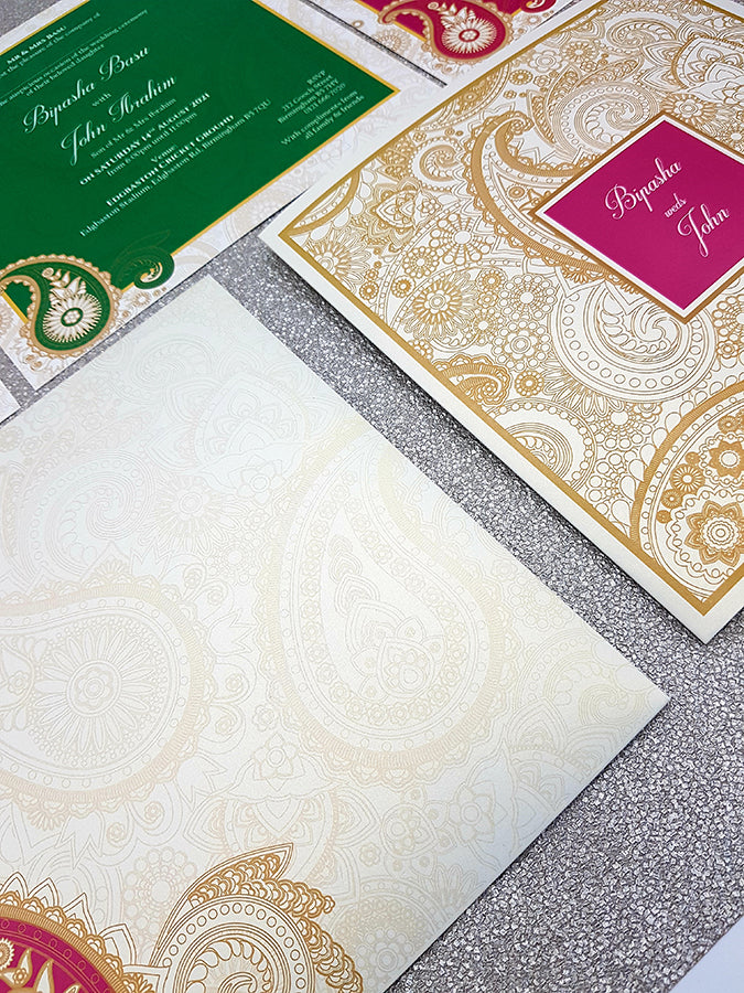 Detailed Paisley Design Large Square Asian Wedding Invitation with matching envelope CLS 111