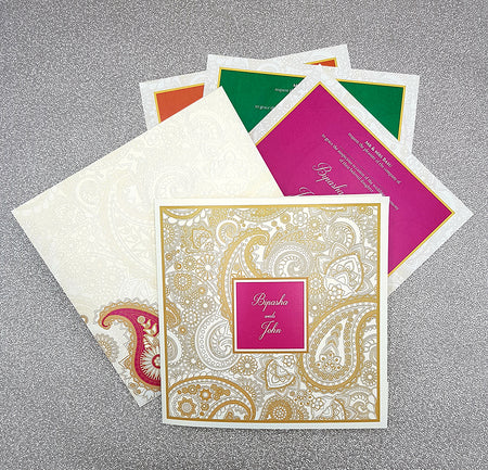 Detailed Paisley Design Large Square Asian Wedding Invitation with matching envelope CLS 111