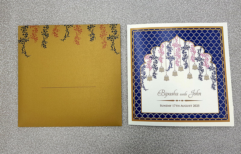 Square Blue Traditional Asian Arch Design Invitation with matching envelope CLS 116