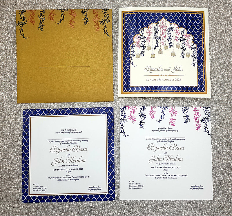 Square Blue Traditional Asian Arch Design Invitation with matching envelope CLS 116