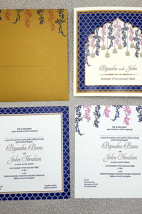 Load image into Gallery viewer, Square Blue Traditional Asian Arch Design Invitation with matching envelope CLS 116
