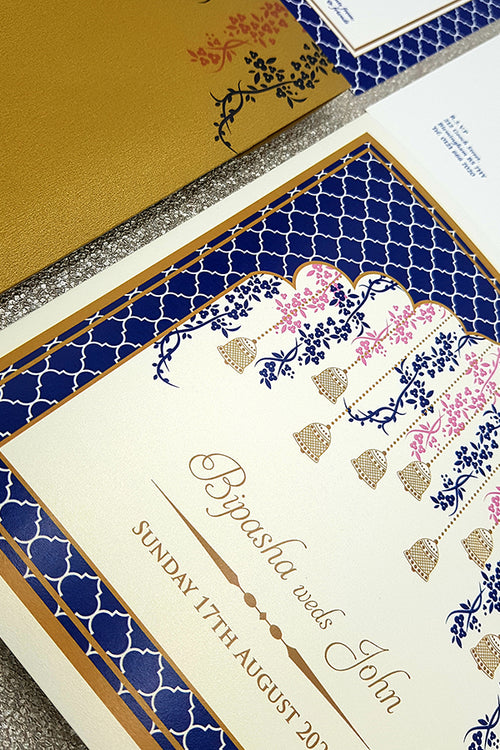 Load image into Gallery viewer, Square Blue Traditional Asian Arch Design Invitation with matching envelope CLS 116
