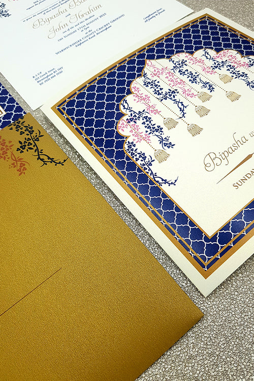 Load image into Gallery viewer, Square Blue Traditional Asian Arch Design Invitation with matching envelope CLS 116
