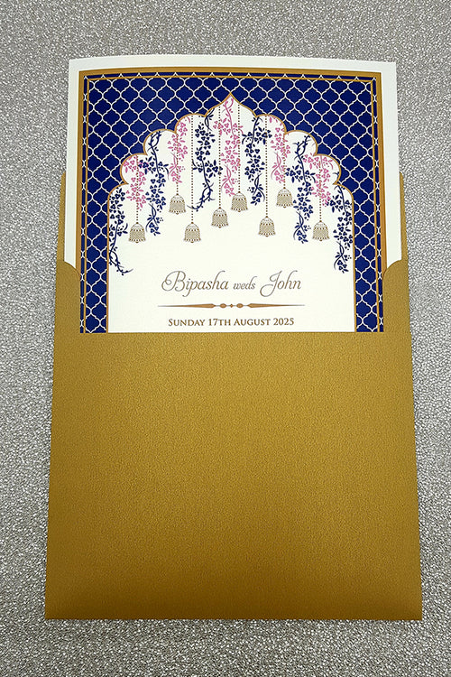 Load image into Gallery viewer, Square Blue Traditional Asian Arch Design Invitation with matching envelope CLS 116
