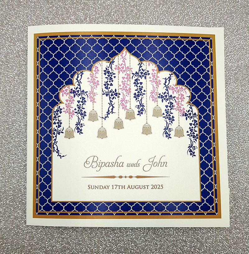 Square Blue Traditional Asian Arch Design Invitation with matching envelope CLS 116