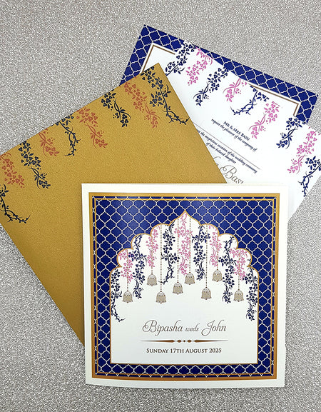 Blue Asian Design Invitation which can be used for Hindu, Muslim & Sikh wedding cards