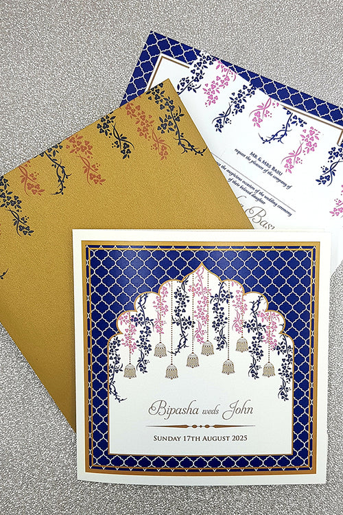 Load image into Gallery viewer, Square Blue Traditional Asian Arch Design Invitation with matching envelope CLS 116
