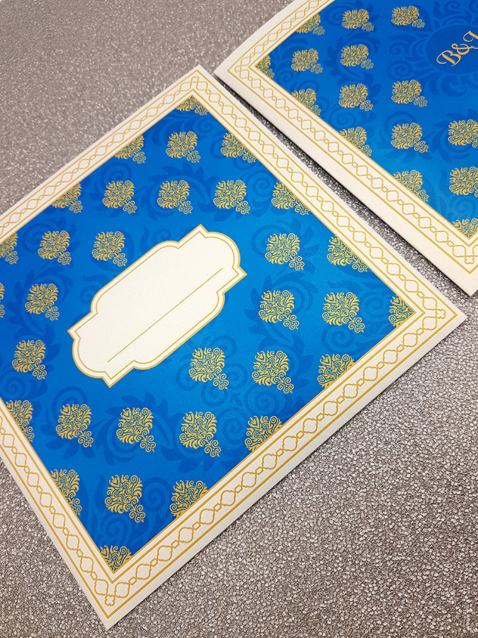 Punjabi wedding card design which is also wedding card Indian in Bright Blue & Gold